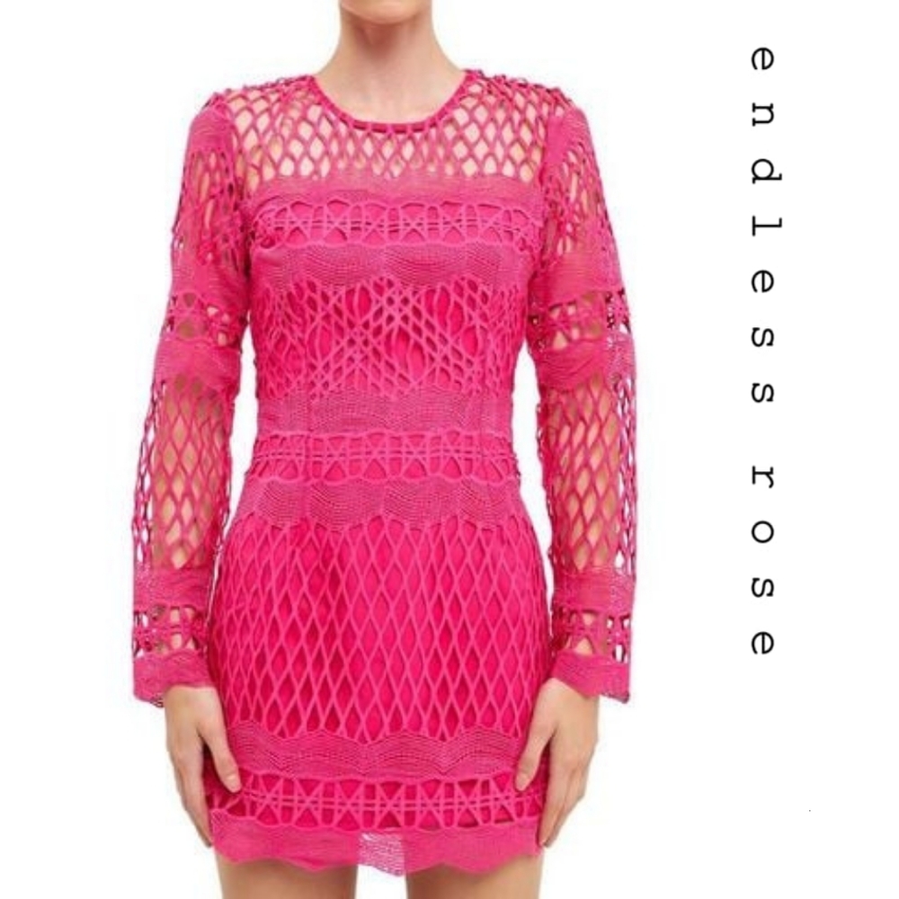 Endless Rose - Long Sleeve Crochet Mini Dress - Fuchsia - Picture 2 of 7